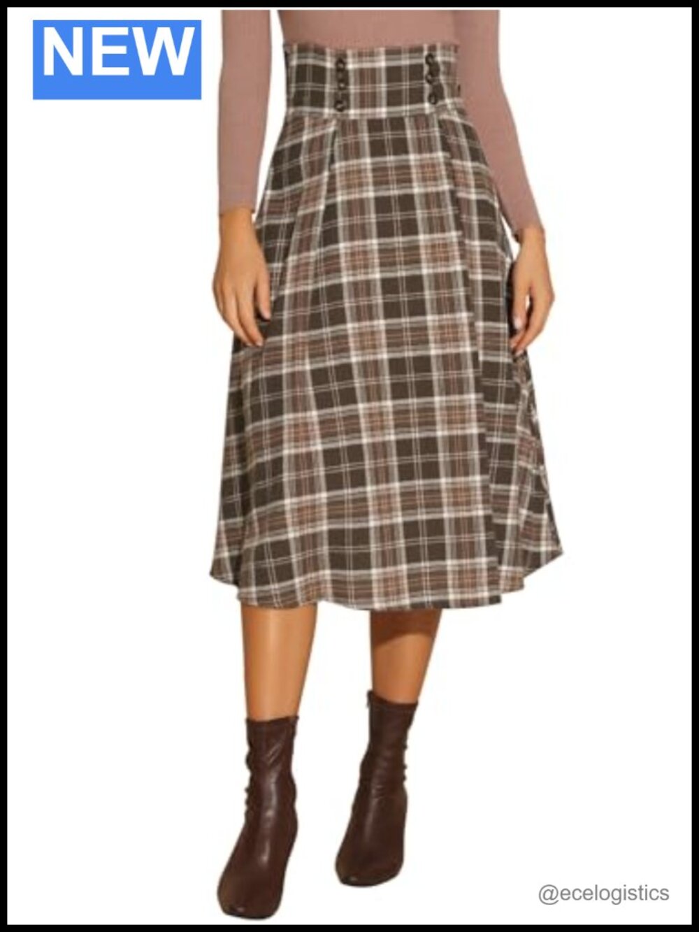 Vintage Plaid High Waist A-Line Midi Skirt with Side Zipper
